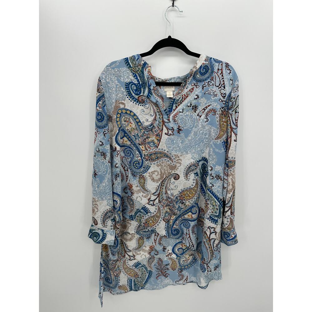 Chicos Blue Paisley Tunic Top Size L Asymmetrical Boho Sheer Lagenlook CX29